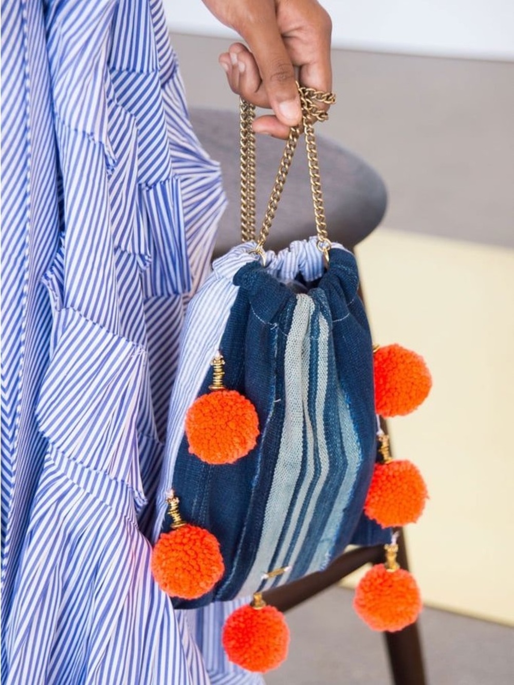 GAIA Blue Stripe Canvas Neon Orange Pom Pom Crossbody Bag Purse Boho Vacation